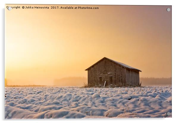 Old Barn House In The Winter Sunrise Acrylic by Jukka Heinovirta