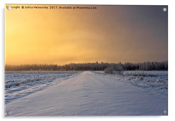 Snowy Road In The Winter Sunrise Acrylic by Jukka Heinovirta