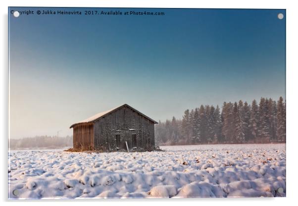 Morning Mist And An Old Barn House Acrylic by Jukka Heinovirta