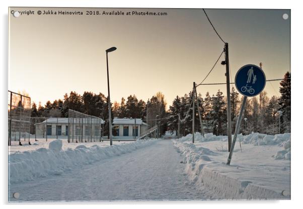 Snowy Path to the Town Acrylic by Jukka Heinovirta