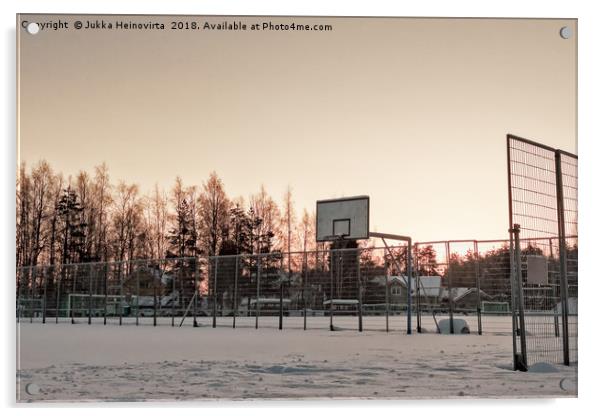 Basketball Field Covered with Snow Acrylic by Jukka Heinovirta