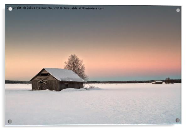 Lonely Barns On The Snowy Fields Acrylic by Jukka Heinovirta