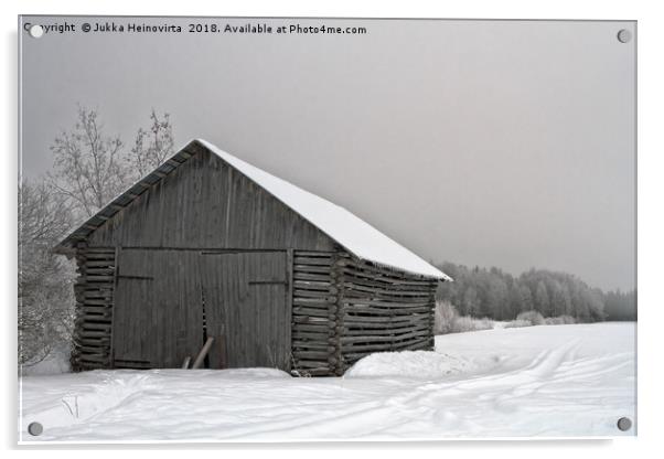 Old Barn With Wide Doors By The Snowy Field Acrylic by Jukka Heinovirta