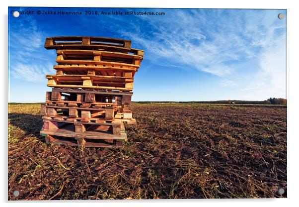 Pile Of Pallets On The Fields Acrylic by Jukka Heinovirta