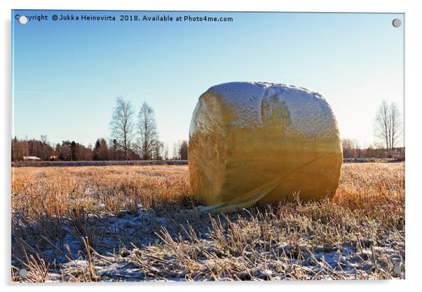 Yellow Bale On The Frosty Fields Acrylic by Jukka Heinovirta