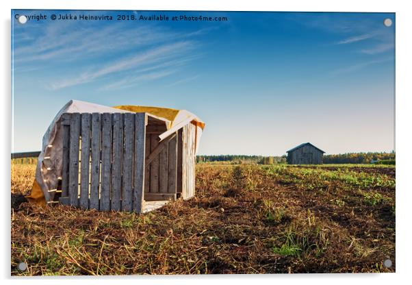 Fallen Crates On An Autumn Field Acrylic by Jukka Heinovirta