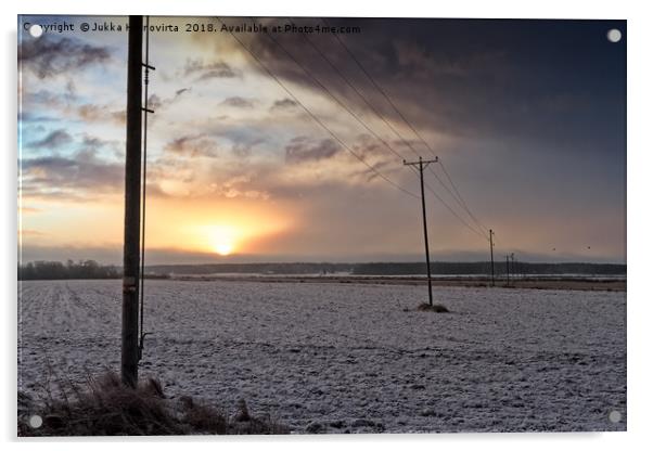 Telephone Lines In The Winter Sunrise Acrylic by Jukka Heinovirta