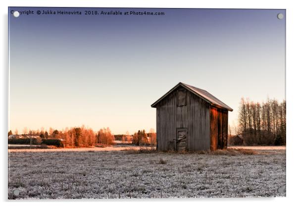 Small Barn House In The Winter Sunrise Acrylic by Jukka Heinovirta