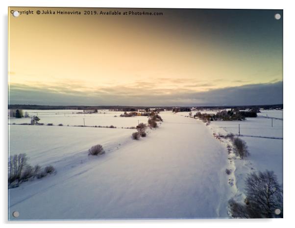 Sunset Over Icy River Bend Acrylic by Jukka Heinovirta