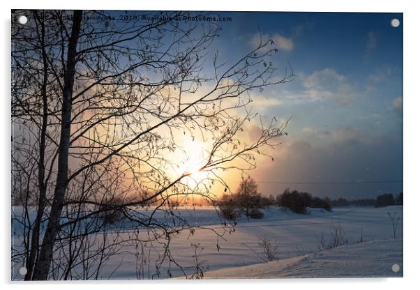 Winter Sunset By The River Acrylic by Jukka Heinovirta