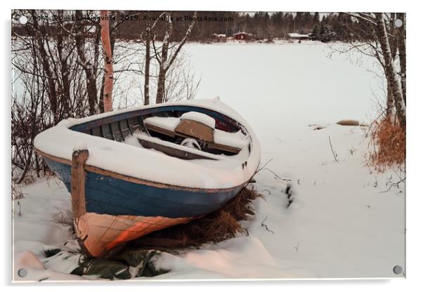 Old Fishing Boat Covered With Snow Acrylic by Jukka Heinovirta