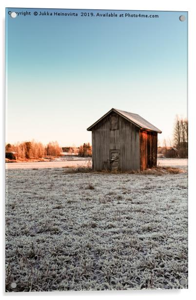 Tiny Barn House On The Frosty Fields Acrylic by Jukka Heinovirta