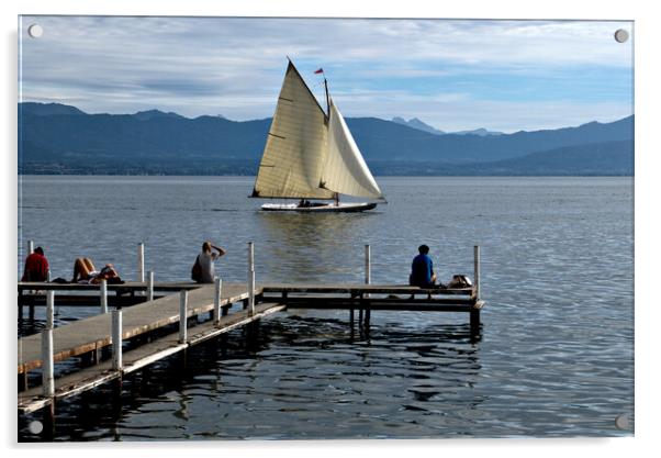 Sailing on Lake Geneva at Plage de Perroy Acrylic by Jeremy Hayden