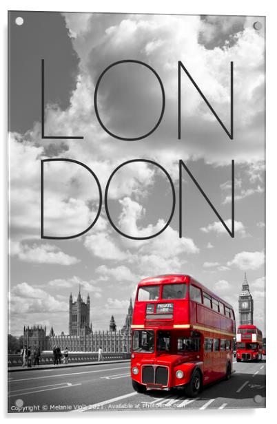 Red Buses in London | Text & Skyline Acrylic by Melanie Viola