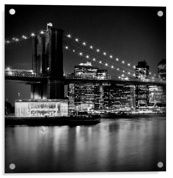 Night Skyline MANHATTAN Brooklyn Bridge bw Acrylic by Melanie Viola