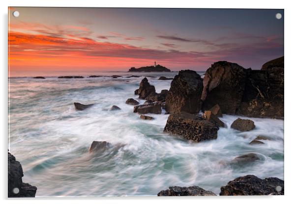 Beautiful sunset at Godrevy lighthouse. Acrylic by Michael Brookes