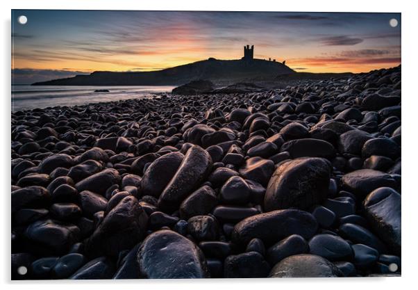 First light on the rocks at Dunstanburgh Castle Acrylic by George Robertson