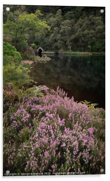 Purple heather and reflections of an Old Boathouse on Loch Chon, Scotland Acrylic by George Robertson