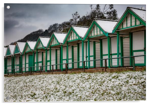Langland Bay Beach Huts in the snow Acrylic by Dan Santillo