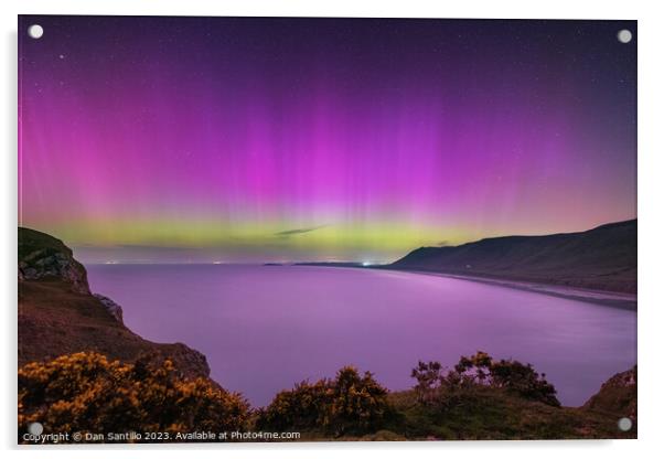 Northern Lights over Rhossili Bay, Gower Acrylic by Dan Santillo