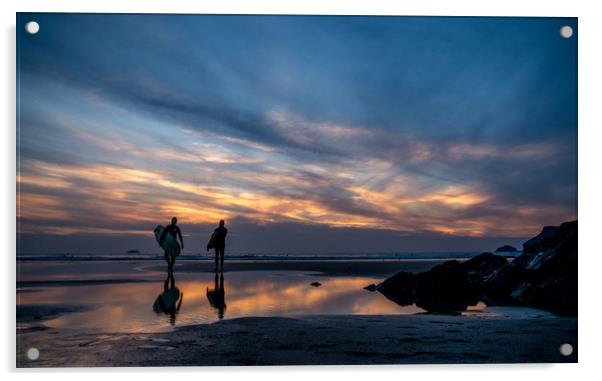 Sunset Surfing - Polzeath Cornwall  Acrylic by Jon Rendle