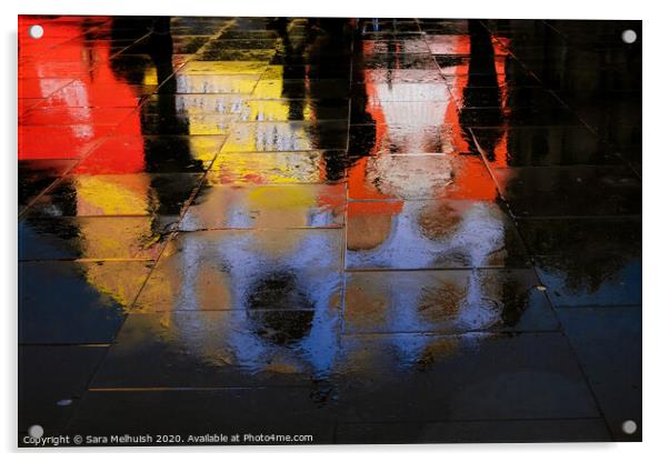 abstract reflections of shadows and neon light in wet pavement Acrylic by Sara Melhuish