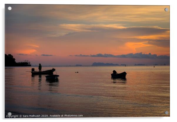 Boats at sunset Acrylic by Sara Melhuish