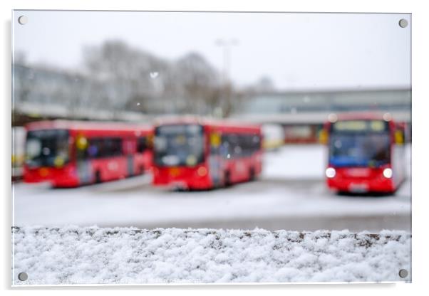 A trio of London buses in the snow Acrylic by Sara Melhuish