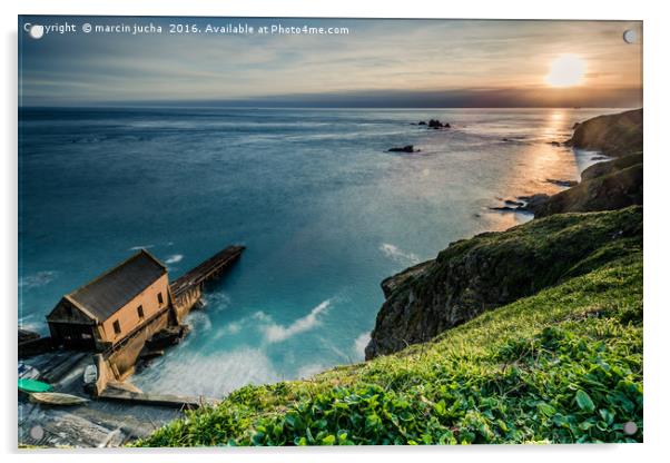 Aerial view of abandoned dock building at dramatic Acrylic by marcin jucha