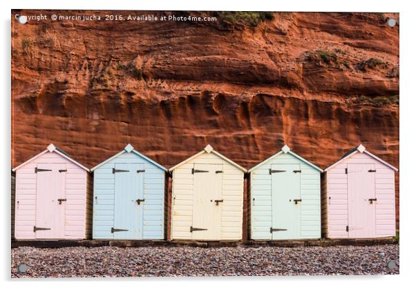 Beach hut row in pastel colors, red rock backgroun Acrylic by marcin jucha