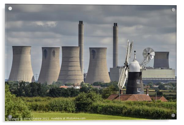 Leverton Windmill and West Burton power station Acrylic by Chris Drabble