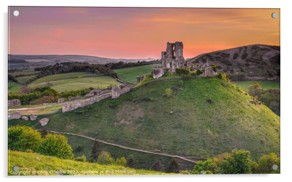 Corfe Castle at sunset Acrylic by Chris Drabble