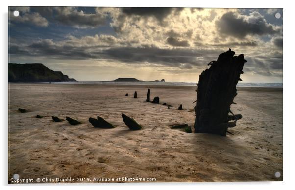 The wreck of the Helvetia at sunset, Rossili Bay Acrylic by Chris Drabble