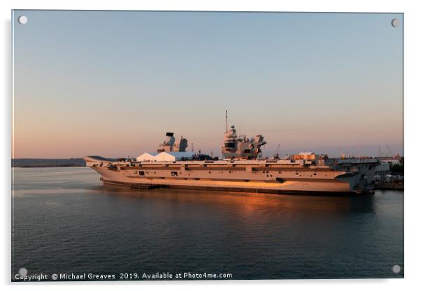 HMS Queen Elizabeth in Portsmouth at sunset Acrylic by Michael Greaves