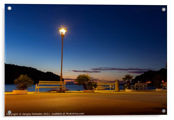 Embankment of Cavtat town at dusk, Dubronick Riviera, Croatia. Acrylic by Sergey Fedoskin