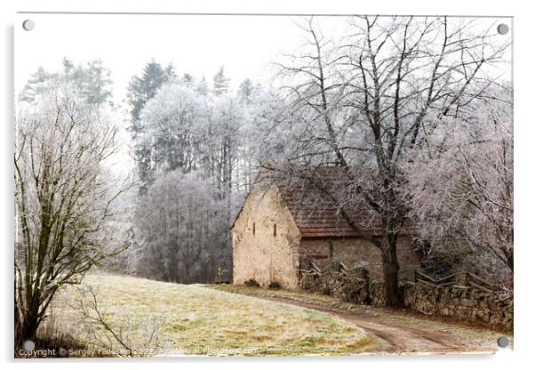 Winter landscape with old house in Czechia. Acrylic by Sergey Fedoskin