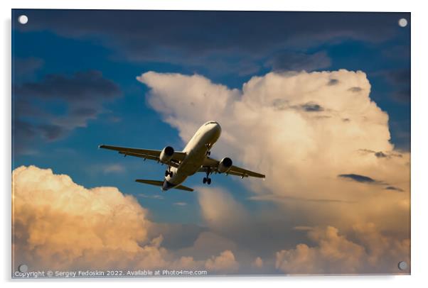 Passenger commercial aircraft flying on a dramatic sky background. Acrylic by Sergey Fedoskin