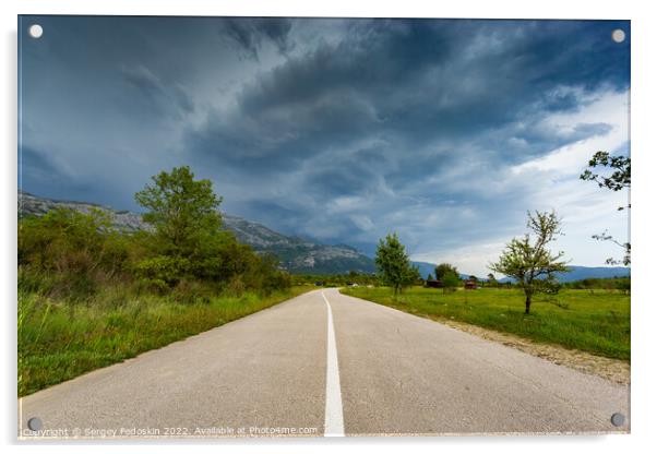 Empty countryside road in valley. Landscape with dramatic sky. A storm is coming from the mountains. Acrylic by Sergey Fedoskin