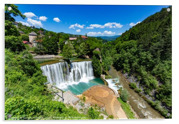 Jajce town in Bosnia and Herzegovina, famous for the beautiful waterfall on the Pliva river Acrylic by Sergey Fedoskin