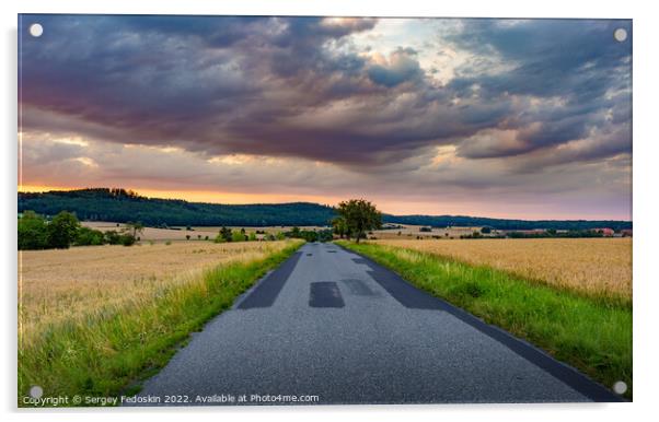 Road in rye fields. Summer evening. Sunset sky. Acrylic by Sergey Fedoskin