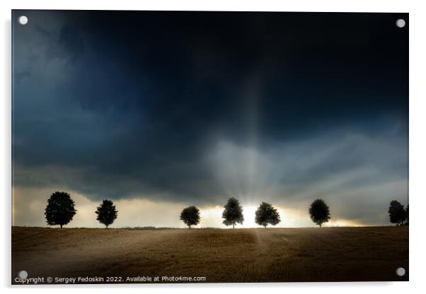 Trees during a sever thunderstorm. The sun is setting behind the storm on the horizon. The landscape is barren and dry. Acrylic by Sergey Fedoskin