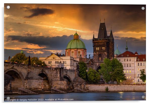 Colorful sunset view on old town, Charles bridge (Karluv Most - in czech) and Vltava river, Prague, Czech Republic. Acrylic by Sergey Fedoskin
