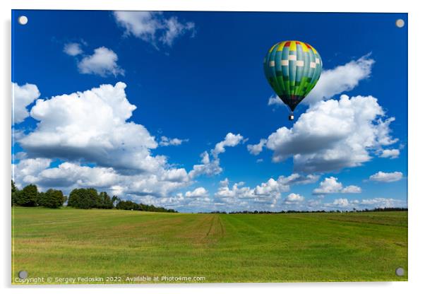 Colorful hot air balloons over green rice field. Acrylic by Sergey Fedoskin