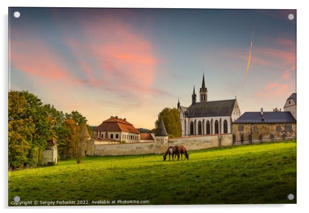 Cistercian monastery Vyssi Brod and grazing horses. Czech Republic. Acrylic by Sergey Fedoskin