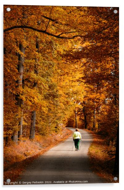 Woman on the road in the autumn forest. Acrylic by Sergey Fedoskin