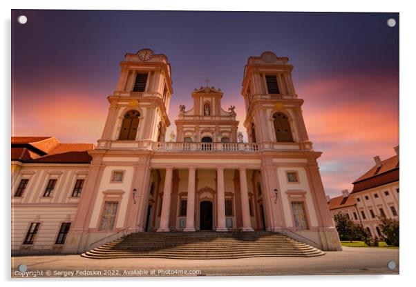 Sunset over Gottweig Abbey (German name is Stift G?ttweig) in Krems region. Wachau valley. Austria. Acrylic by Sergey Fedoskin