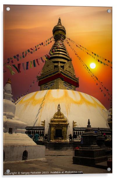 Swayambhunath Stupa in the Kathmandu valley of Nepal. Acrylic by Sergey Fedoskin