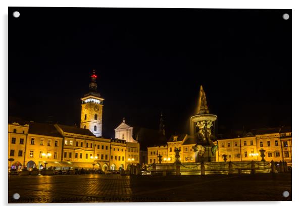 Main square in Ceske Budejovice. Acrylic by Sergey Fedoskin