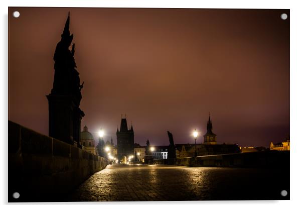Charles bridge in Prague with lanterns at night Acrylic by Sergey Fedoskin