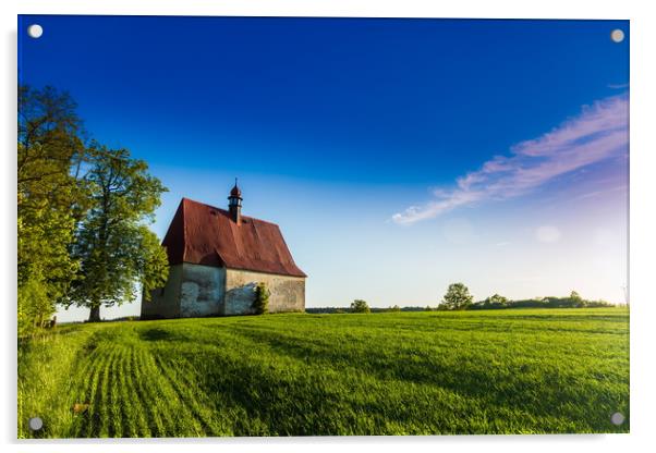 Old church in the summer field. Acrylic by Sergey Fedoskin